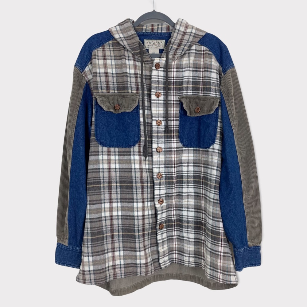 Vintage Arizona Patchwork Plaid Denim Corduroy Hooded Shirt Jacket Shacket